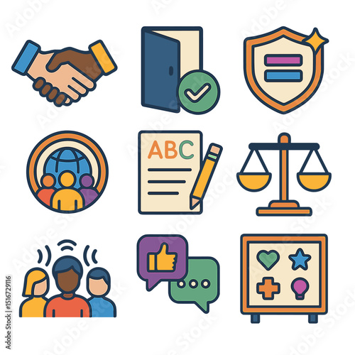 Inclusive Workplace Icons. Flat icon set of inclusive workplace culture: diversity handshake, open space