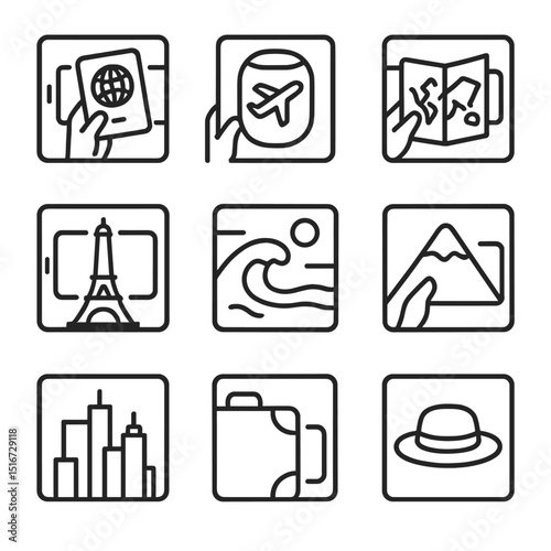 Travel Icon Collection. Outline icon set of travel selfies: passport in hand, airplane window, map backdrop, monument silhouette,