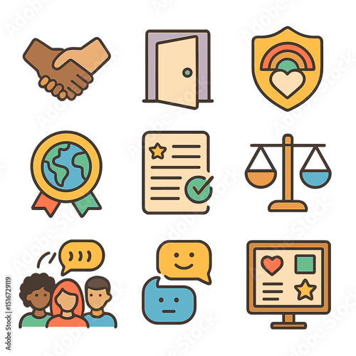Inclusive Workplace Icons. Flat icon set of inclusive workplace culture: diversity handshake, open space