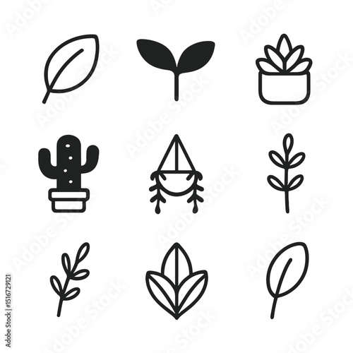 Minimalist Plant Icons. Flat icon set of minimalist plant icons: line leaf, silhouette sprout, potted