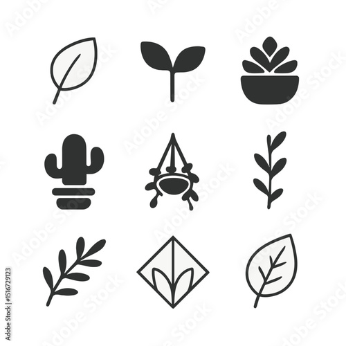 Minimalist Plant Icons. Flat icon set of minimalist plant icons: line leaf, silhouette sprout, potted