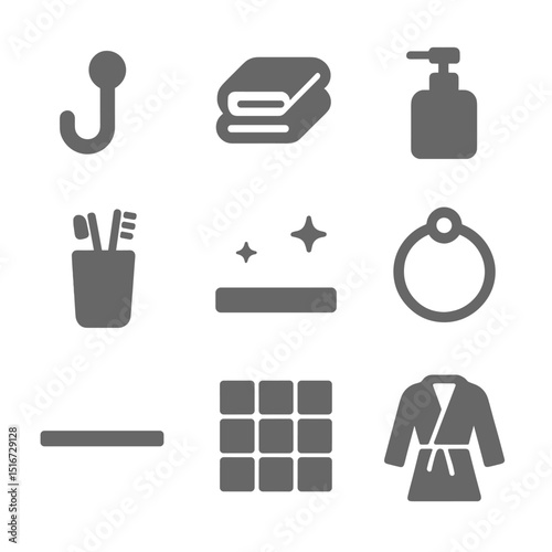 Minimal Bathroom Icons. Flat icon set of minimal bathroom details: plain hook, folded towel, soap pump,