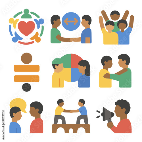 Inclusivity Icon Set. Flat icon set of inclusivity in partnerships: heart with people circle, shared decision