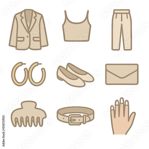 Minimalist Fashion Icons. Flat icon set of minimalist influencer outfits: neutral blazer, cropped tank top,
