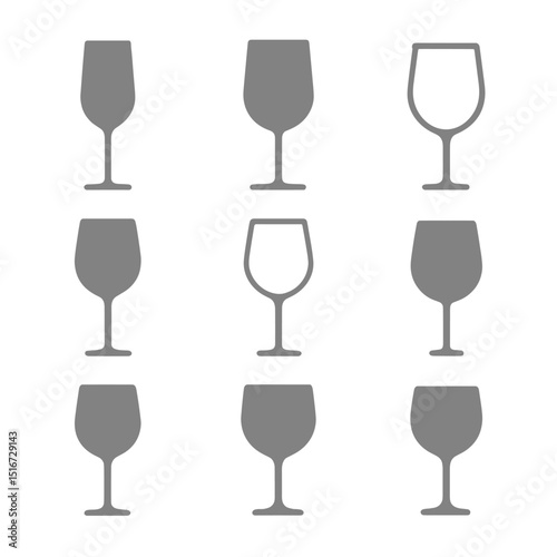 Minimalist Wine Glass Icons. Flat icon set of minimalist wine glass styles: slim stem, seamless bowl, thin rim