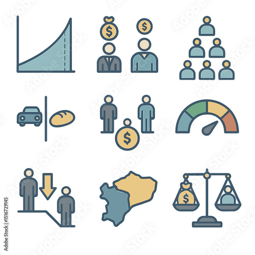 Income Inequality Icons. Flat icon set of income inequality indicators: Gini coefficient chart, rich vs poor