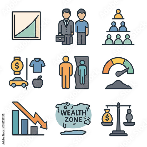 Income Inequality Icons. Flat icon set of income inequality indicators: Gini coefficient chart, rich vs poor