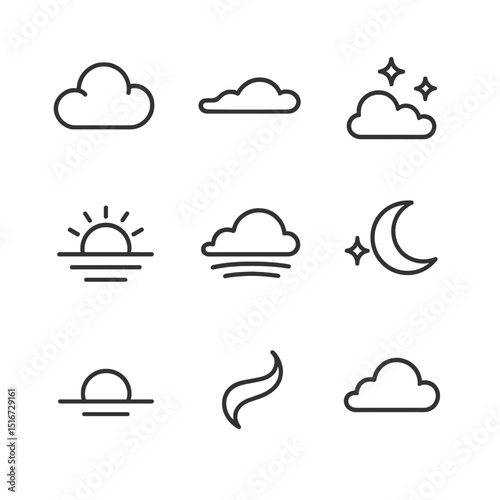 Twilight Pastel Icons. Outline icon set of twilight pastel clouds: cotton candy hue, soft pink cloud, lavender streak, fading sun,