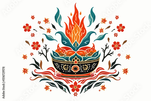Ornate Hindu Light Vessel with Burning Wick and Floral Decorations in a Vibrant Folk Art Style on a Clean Backdrop with Room for Message.