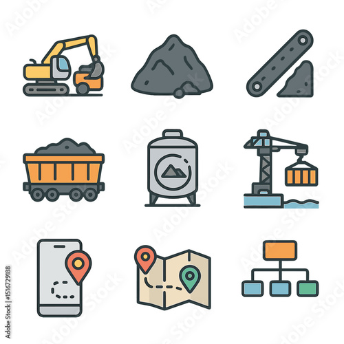 Mining Logistics Icons. Flat icon set of mining supply chain and logistics: excavator loading truck, raw ore