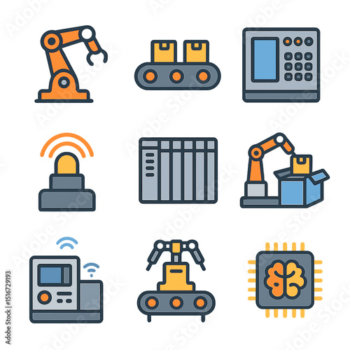 Industrial Automation Icons. Flat icon set of industrial automation systems: robotic arm, conveyor belt,