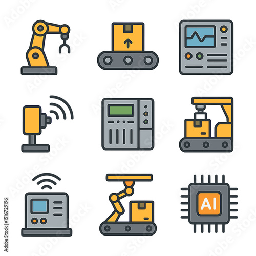 Industrial Automation Icons. Flat icon set of industrial automation systems: robotic arm, conveyor belt,