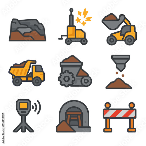 Mining Machinery Icons. Flat icon set of raw material extraction and loading: open-pit mine, blasting drill
