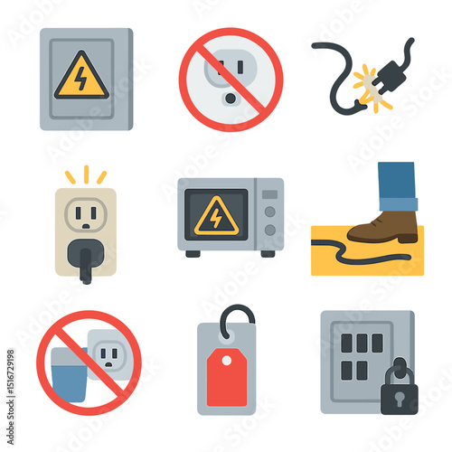 Indoor Electrical Hazard Icons. Flat icon set of indoor electrical hazard signs: breaker box with warning, do