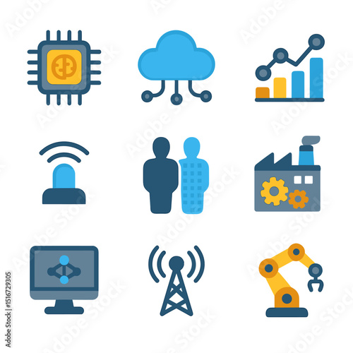 Industry 4.0 Icons. Flat icon set of Industry 4.0 core technologies: AI chip, cloud network, big data graph,