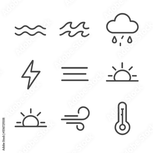 Weather Icons Grid. Outline icon set of weather and sea conditions: calm waves, rough sea, rain cloud, lightning bolt, fog,