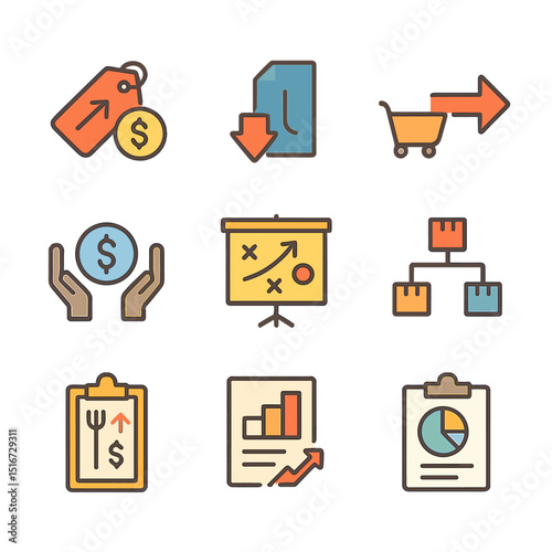 Inflation Business Icons. Flat icon set of business reactions to inflation: price tag update, shrinkflation