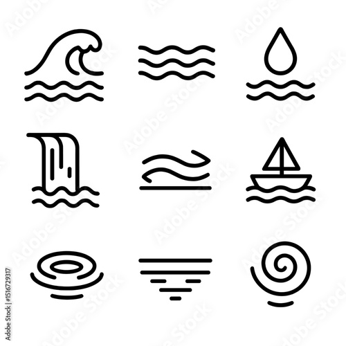 Water Movement Icons. Outline icon set of water movement timelapses: ocean wave, river current, raindrop, waterfall, tidal line,