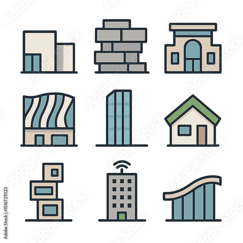 Modern Architectural Icons. Flat icon set of modern architectural styles: minimalist building, brutalist block