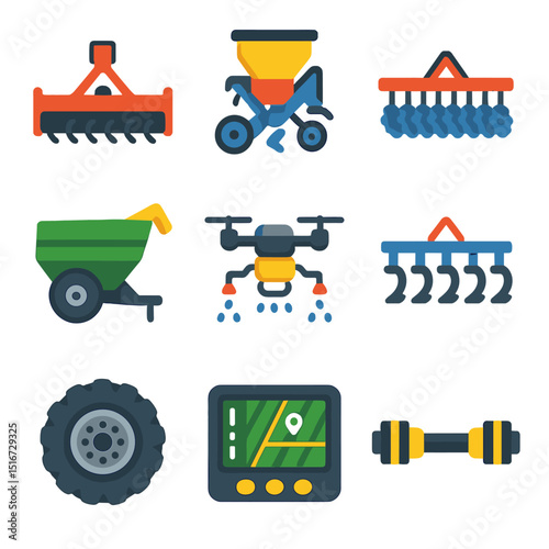 Modern Agri Equipment Icons. Flat icon set of modern agricultural equipment: rotary tiller, precision planter,