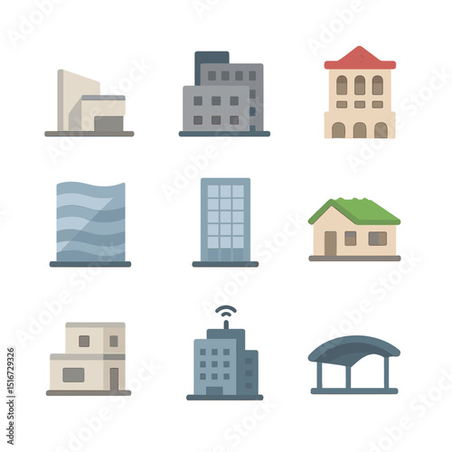 Modern Architectural Icons. Flat icon set of modern architectural styles: minimalist building, brutalist block
