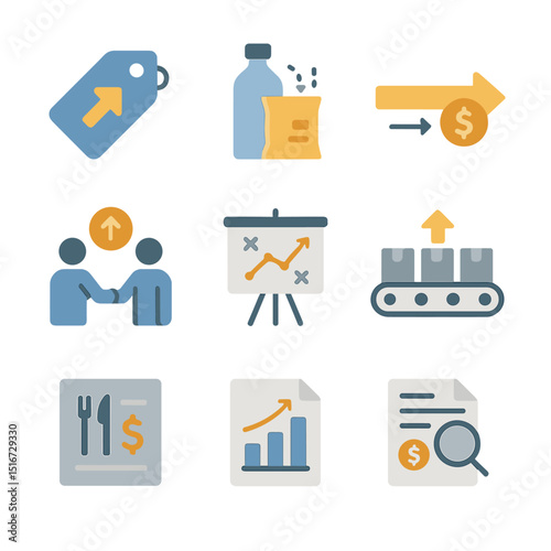 Inflation Business Icons. Flat icon set of business reactions to inflation: price tag update, shrinkflation