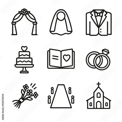 Wedding Icon Set. Outline icon set of wedding ceremony: wedding arch, bride veil, groom tuxedo, wedding cake, vows book, wedding