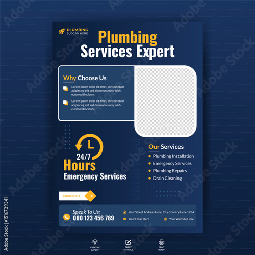 Plumbing service social media post vector with red and yellow colors. Handyman business promotional web banner design with creative shapes. Plumbing business poster template with photo placeholders