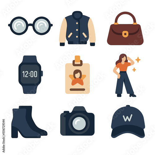 Influencer Fashion Icons. Flat icon set of fashion for influencers and content creators: ring light reflection