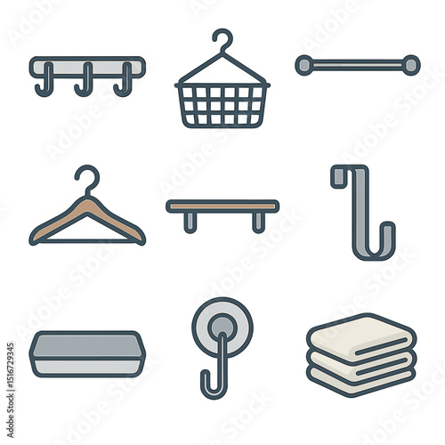 Modern Bath Storage Icons. Flat icon set of modern bath storage: wall hook rail, hanging basket, shower rod,