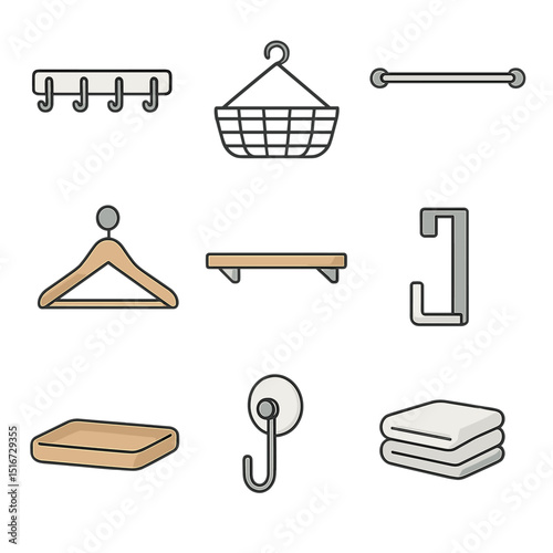 Modern Bath Storage Icons. Flat icon set of modern bath storage: wall hook rail, hanging basket, shower rod,