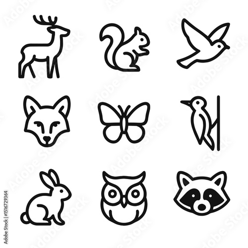 Wildlife Trail Icons. Outline icon set of wildlife encounters on trails: deer silhouette, squirrel, bird in flight, fox head,