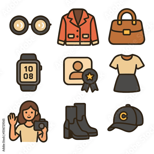 Influencer Fashion Icons. Flat icon set of fashion for influencers and content creators: ring light reflection