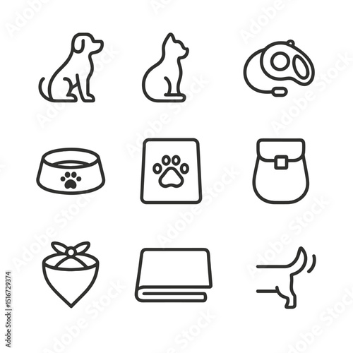 Yoga with Pets Icons. Outline icon set of yoga with pets in the park: dog silhouette, cat silhouette, pet leash, pet water bowl,