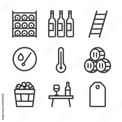 Wine Cellar Icons. Outline icon set of wine cellar organization: wooden rack, labeled bottles, ladder, humidity gauge, thermometer
