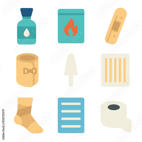 Injury Emergency Icon Set. Flat icon set of injury-specific emergency items: eye wash bottle, burn gel pack,