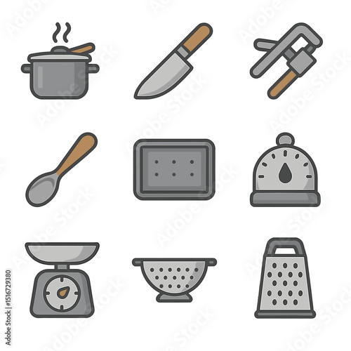 Modern Kitchen Icons. Flat icon set of kitchen tools in use: saucepan, chopping knife, garlic press, mixing