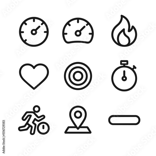Workout Metrics Icons. Outline icon set of workout metrics: distance meter, speed gauge, calories flame, heartbeat icon, lap