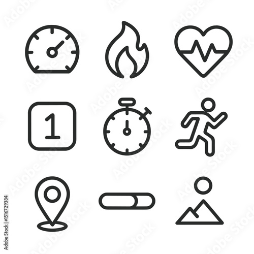 Workout Metrics Icons. Outline icon set of workout metrics: distance meter, speed gauge, calories flame, heartbeat icon, lap