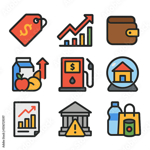 Inflation Icon Set. Flat icon set of inflation indicators: rising price tag, upward arrow graph, shrinking