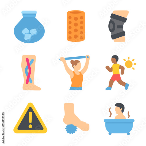 Injury Recovery Icons. Flat icon set of injury prevention and recovery: ice pack, foam roller, knee brace,