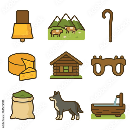 Mountain Farming Icons. Flat icon set of mountain farming culture: cow bell, mountain pasture, shepherd’s
