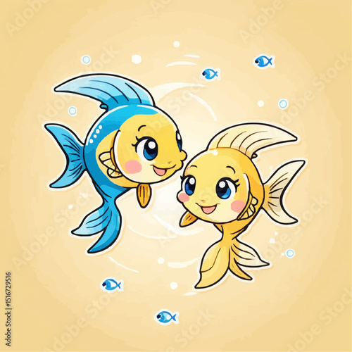 Lovely cartoon Pisces zodiac sign fish vector illustration, pair of cute astrological symbols for horoscope and astrology design