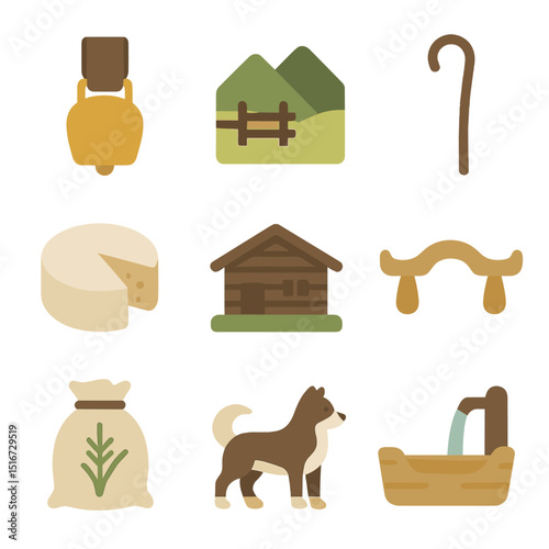 Mountain Farming Icons. Flat icon set of mountain farming culture: cow bell, mountain pasture, shepherd’s