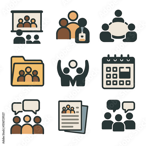 Multicultural Awareness Icons. Flat icon set of multicultural awareness training: seminar screen, diversity