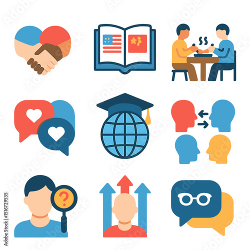 Mutual Learning Icons. Flat icon set of mutual learning in relationships: learning handshake, dual culture