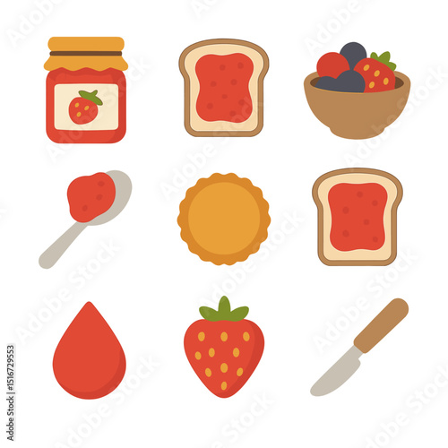 Jam and Preserve Icons. Flat icon set of jam and preserve details: jam jar with label, spread on bread,