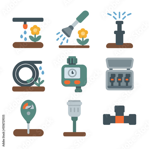 Irrigation Systems Icons. Flat icon set of irrigation systems for flowerbeds: drip irrigation tube, watering