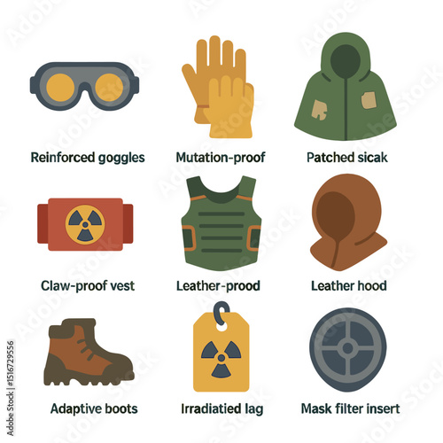 Mutant Zone Gear Icons. Flat icon set of mutant zone gear: reinforced goggles, mutation-proof gloves, patched