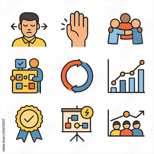 Job Engagement Icons. Flat icon set of job engagement: focused employee, active participation icon, team